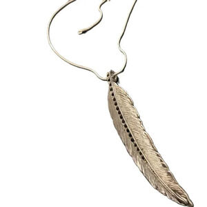 Vintage Metallic Large Feather Rhinestone EmbellishedPendant Necklace 3.5"